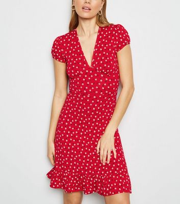 Red Ditsy Floral Jersey Mini Dress ...